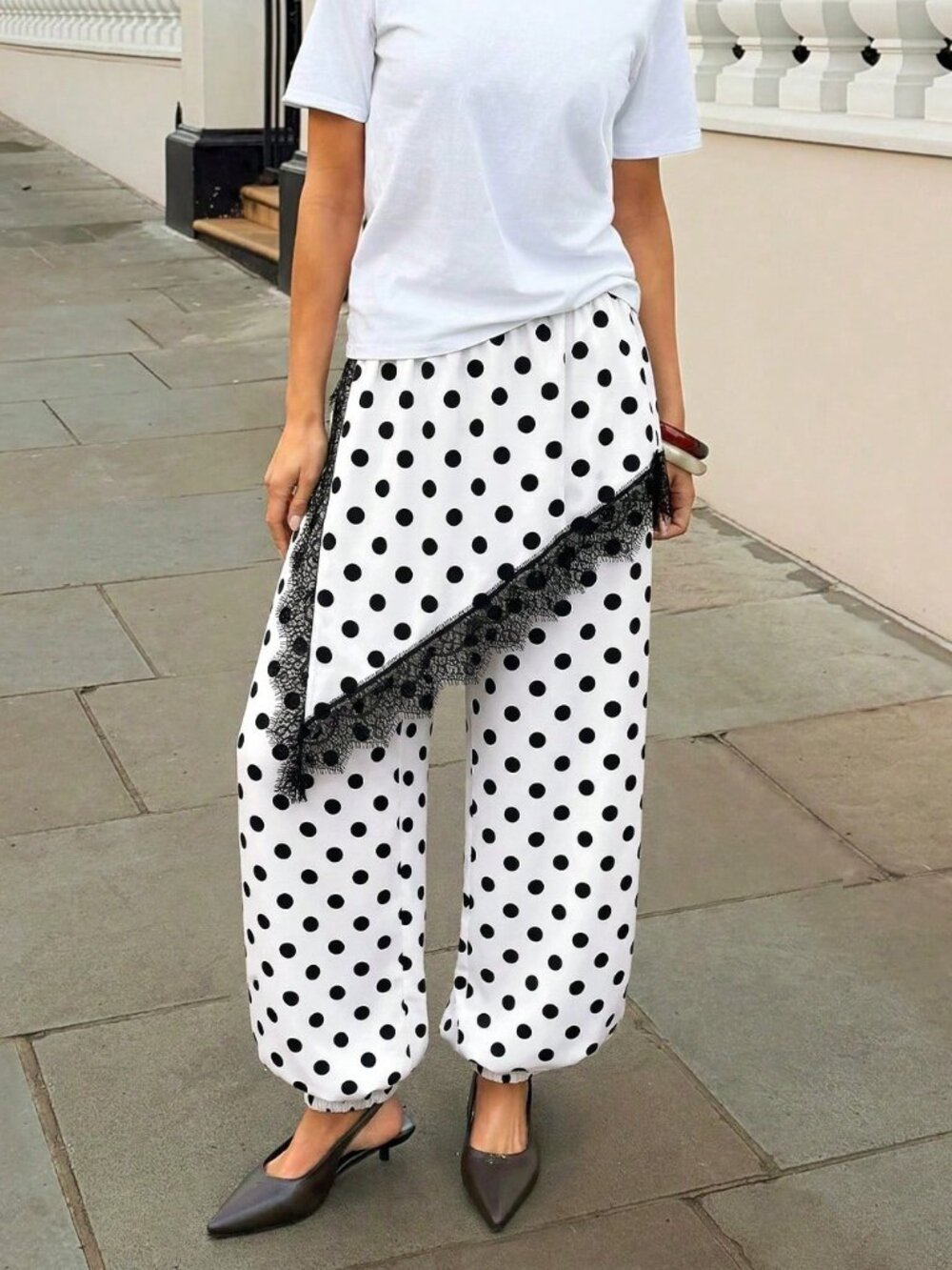 White Casual Women's Polka Dot Lace Elastic Waist Pants - Picture 5 of 5